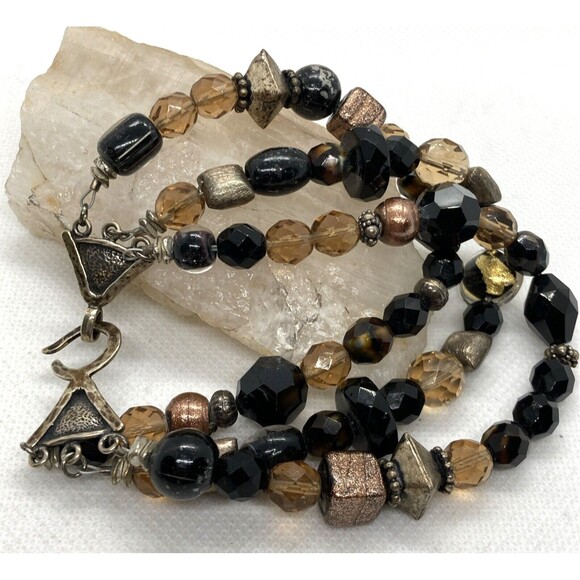 Vintage 3-Strand Art Glass Beads Beaded Bracelet Sterling 925 Silver 8.5'' 58g - Picture 5 of 8